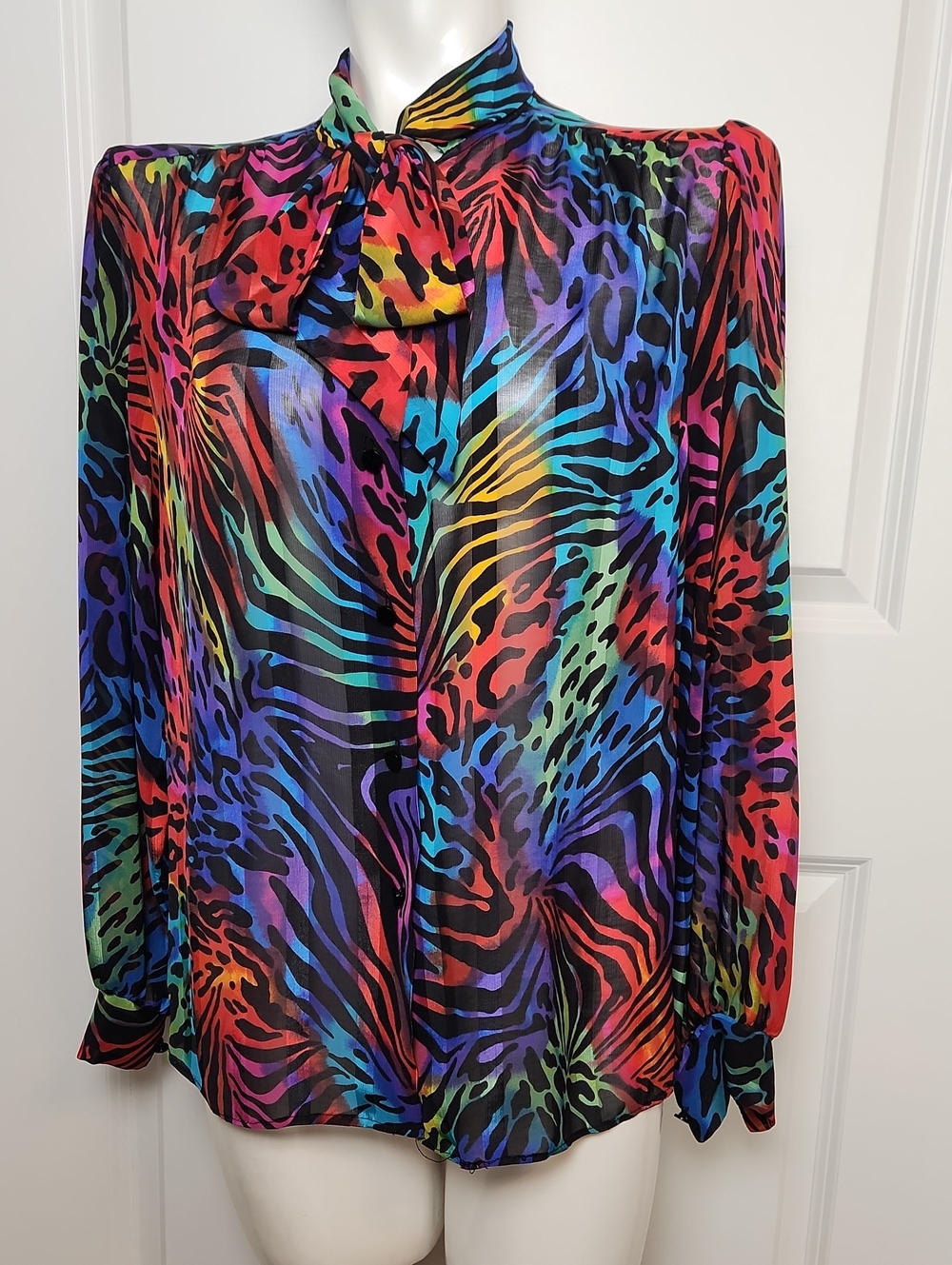 Vintage Rainbow And Animal Print Tie-Neck Sheer Blouse Size Medium